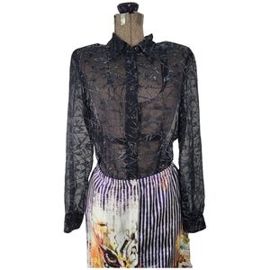 Vintage sheer velvet burnout button down charcoal grey shirt size medium